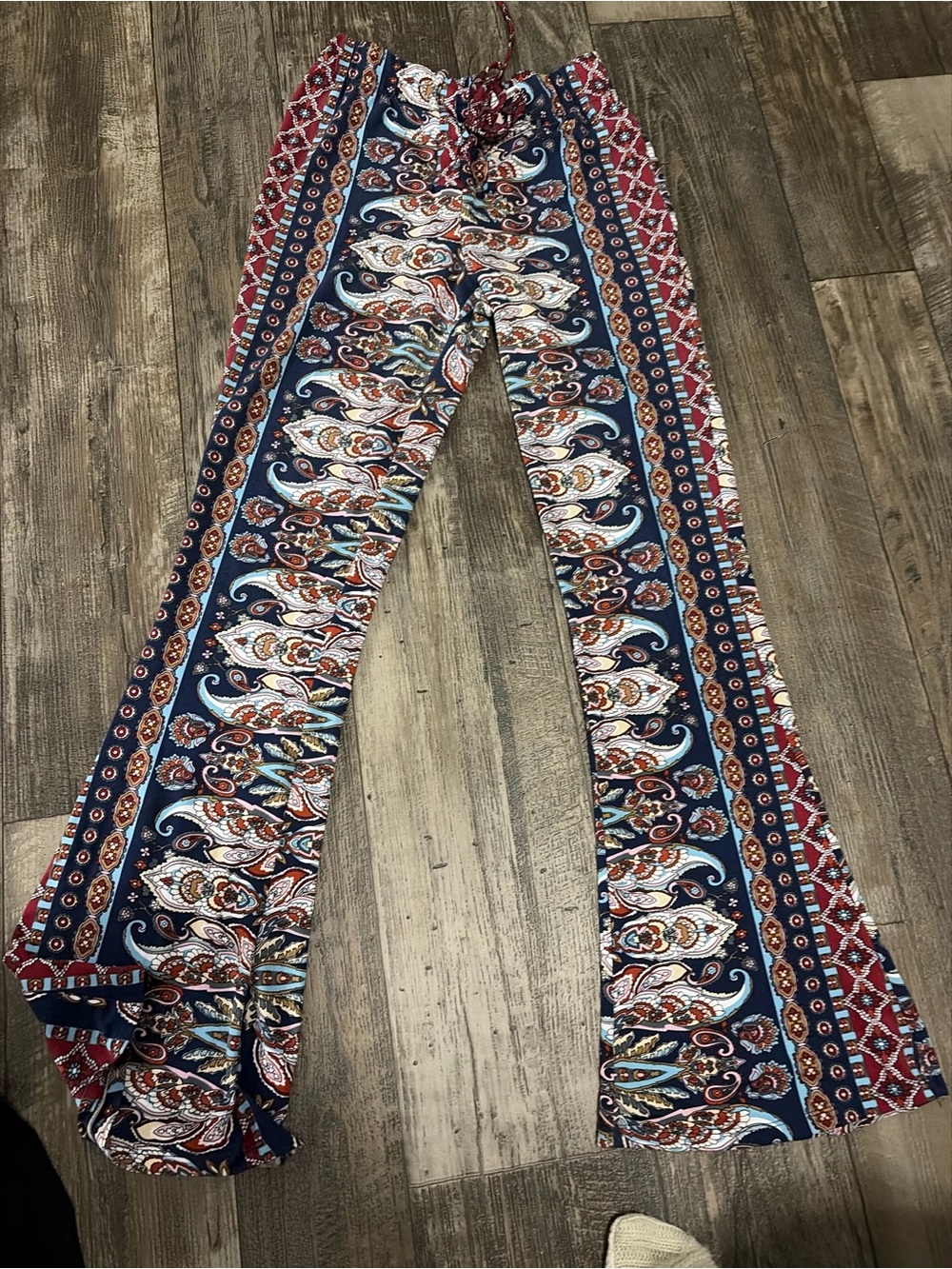 Fashion Nova Navy, Red & Light Blue Paisley Wide-Leg Pants